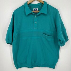 Greenline International Mens L Vtg Textured Knit Polo Shirt Teal Short Sleeve